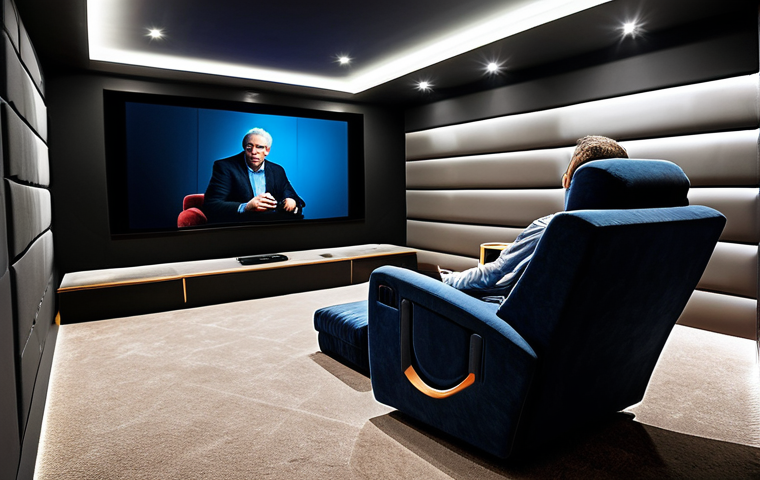 An adult man, fully clothed in modest, comfortable loungewear, sitting relaxed in a plush armchair within a modern, sound-insulated home cinema room. The spacious room is dimly lit, illuminated primarily by the vibrant, high-quality image displayed on a large projection screen. Subtle acoustic wall panels and bass traps are integrated into the design, hinting at superior audio quality. The man exhibits a natural pose, clearly immersed in the cinematic experience, with well-formed hands and correct body proportions. The image should be a professional photograph, highly detailed, safe for work, appropriate content, perfect anatomy, and family-friendly.